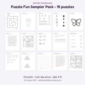 K&ouml;nnte beinhalten: Eine digitale Sammlung von 15 druckbaren Aktivit&auml;tsbl&auml;ttern mit dem Titel Puzzle Fun Sampler Pack. Die Seiten enthalten schwarz-wei&szlig;e Strichzeichnungen, darunter Labyrinthe, Punkt-zu-Punkt-R&auml;tsel, Wortsuchr&auml;tsel, Sudokus und Zahlenfolgen f&uuml;r Kinder.