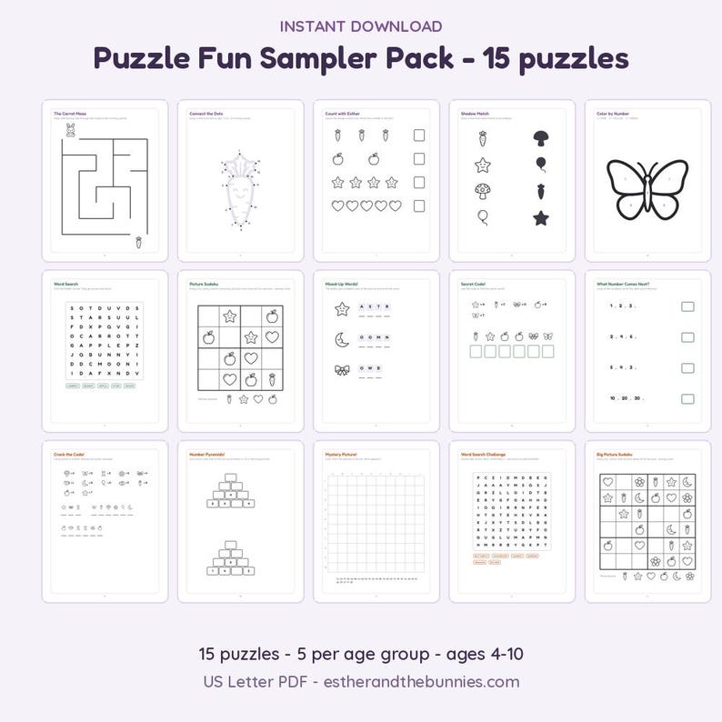K&ouml;nnte beinhalten: Eine digitale Sammlung von 15 druckbaren Aktivit&auml;tsbl&auml;ttern mit dem Titel Puzzle Fun Sampler Pack. Die Seiten enthalten schwarz-wei&szlig;e Strichzeichnungen, darunter Labyrinthe, Punkt-zu-Punkt-R&auml;tsel, Wortsuchr&auml;tsel, Sudokus und Zahlenfolgen f&uuml;r Kinder.