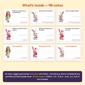 Puede incluir: Un juego de 48 notas imprimibles para fiambreras con personajes de dibujos animados, incluidos Esther y conejitos. Cada tarjeta muestra un chiste con la respuesta al rev&eacute;s o un mensaje positivo con espacio para firmar. Miden 8,89 x 5,72 cm.