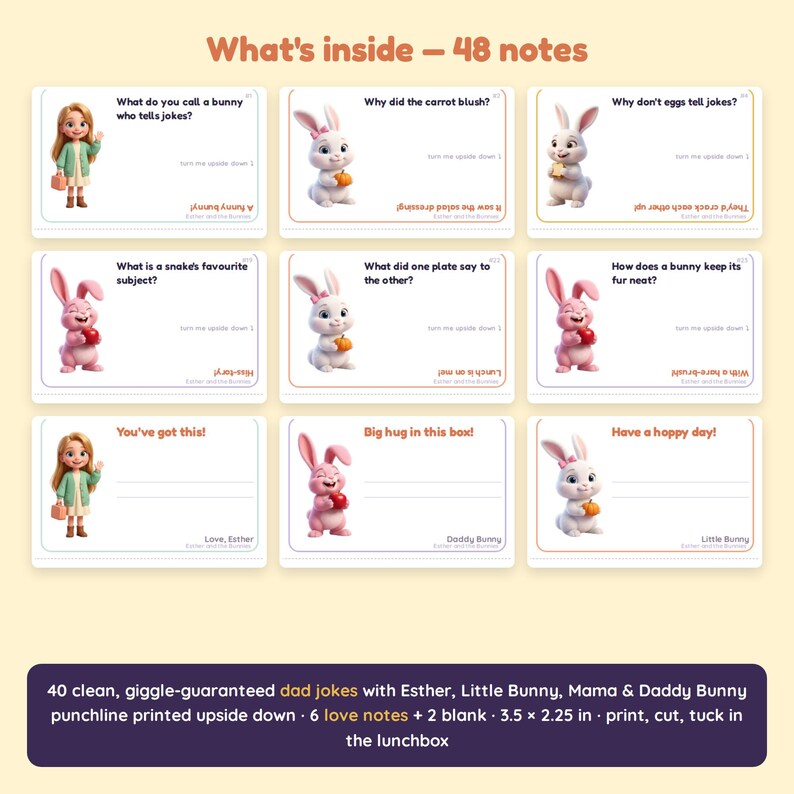 Puede incluir: Un juego de 48 notas imprimibles para fiambreras con personajes de dibujos animados, incluidos Esther y conejitos. Cada tarjeta muestra un chiste con la respuesta al rev&eacute;s o un mensaje positivo con espacio para firmar. Miden 8,89 x 5,72 cm.