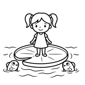 May include: A black and white line art illustration featuring a young child with pigtails wearing a simple dress, standing on a large circular lily pad floating in water, with two small fish visible on either side of the lily pad in the water.