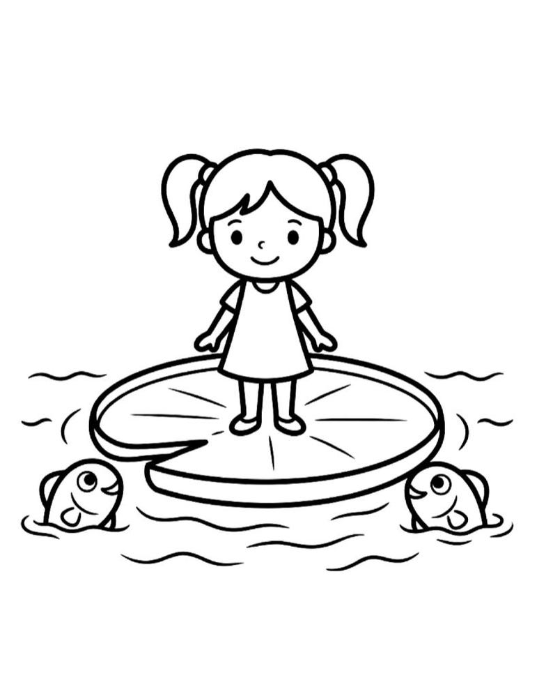 May include: A black and white line art illustration featuring a young child with pigtails wearing a simple dress, standing on a large circular lily pad floating in water, with two small fish visible on either side of the lily pad in the water.