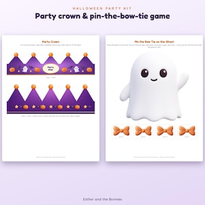 May include: A Halloween party kit featuring a printable party crown and a pin-the-bow-tie-on-the-ghost game. The crown is purple with orange pumpkins, stars, and ghosts. The game includes a white ghost illustration and four orange bow ties.