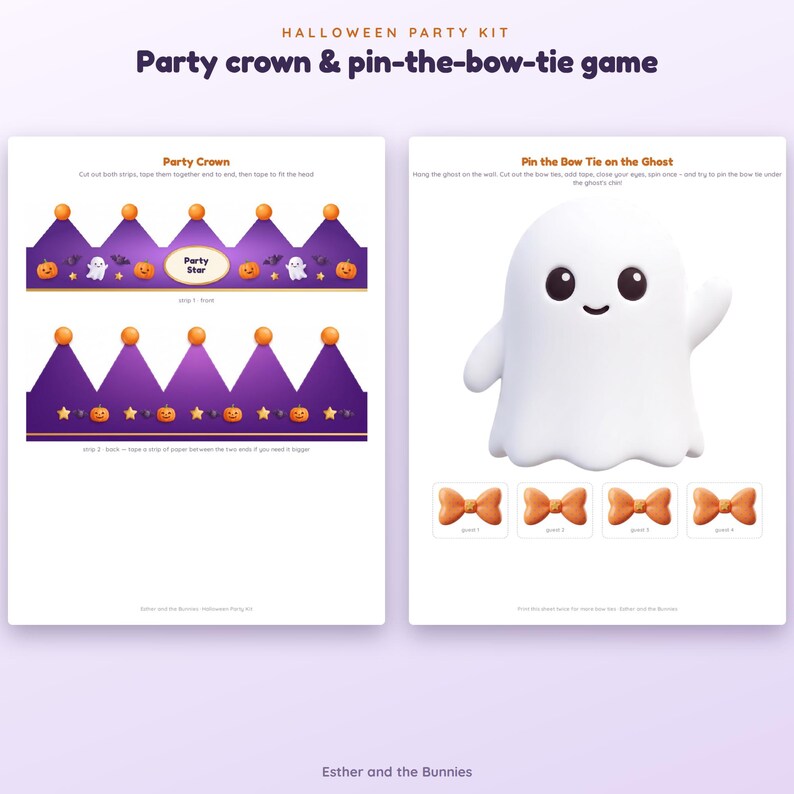 May include: A Halloween party kit featuring a printable party crown and a pin-the-bow-tie-on-the-ghost game. The crown is purple with orange pumpkins, stars, and ghosts. The game includes a white ghost illustration and four orange bow ties.