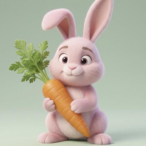 May include: A cartoon-style rabbit with soft pink fur, large expressive eyes, and long ears, standing upright while holding a bright orange carrot with green leafy tops. The character has a smooth, textured appearance and a friendly expression.