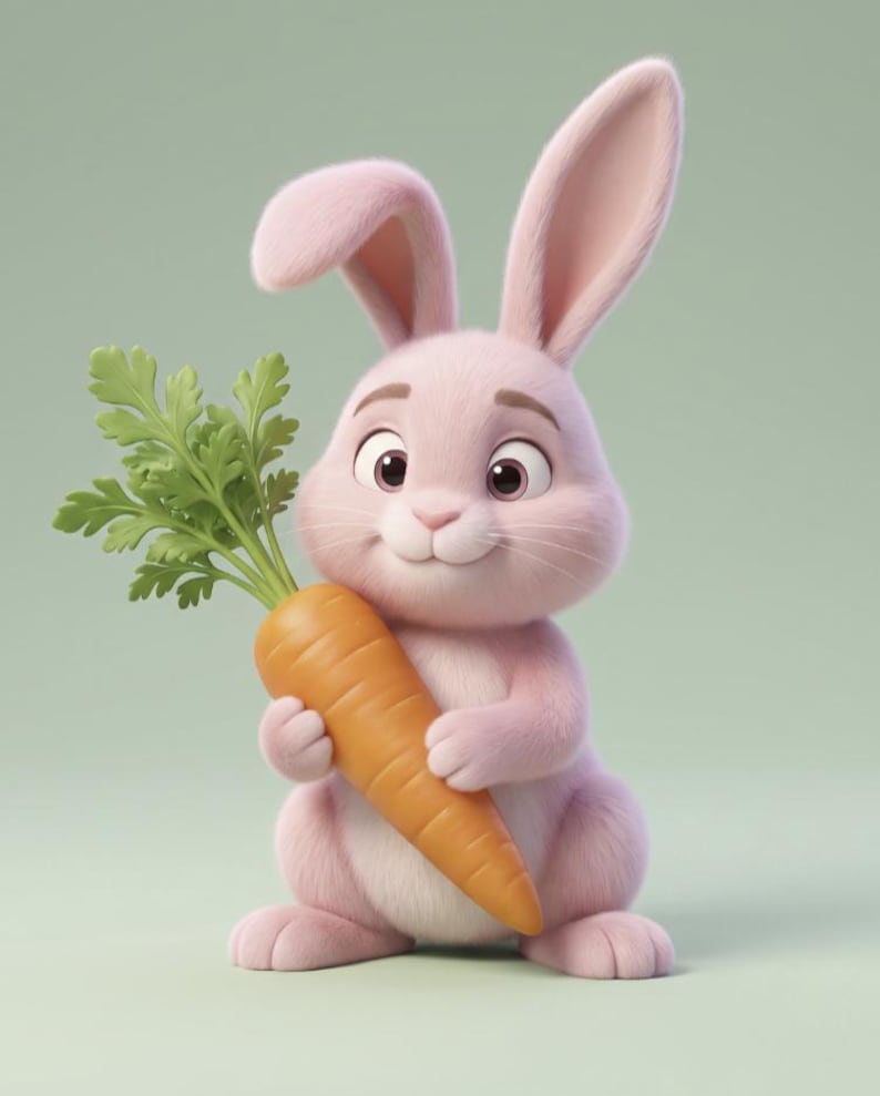 May include: A cartoon-style rabbit with soft pink fur, large expressive eyes, and long ears, standing upright while holding a bright orange carrot with green leafy tops. The character has a smooth, textured appearance and a friendly expression.