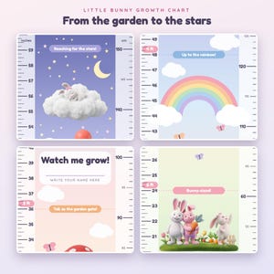 May include: A Little Bunny Growth Chart featuring four panels with imperial and metric scales. Panels show a sleeping bunny on a cloud, a rainbow, a 'Watch me grow!' section, and three bunnies in a garden with text like 'Reaching for the stars!'