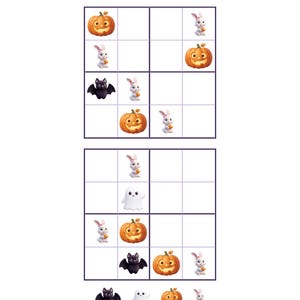 May include: A printable Picture Sudoku activity sheet featuring two 4x4 grids with Halloween-themed icons including jack-o'-lanterns, white bunnies, black bats, and white ghosts. The text reads Picture Sudoku, instructions, and estherandthebunnies.com.