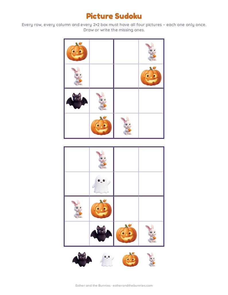 May include: A printable Picture Sudoku activity sheet featuring two 4x4 grids with Halloween-themed icons including jack-o'-lanterns, white bunnies, black bats, and white ghosts. The text reads Picture Sudoku, instructions, and estherandthebunnies.com.
