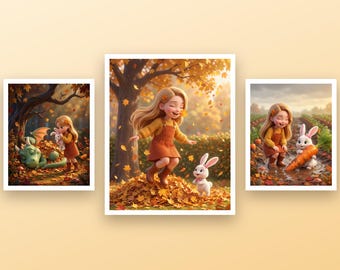 Fall Wall Art for Kids Room, Printable Autumn Nursery Prints Set of 3, Cute Bunny Dragon Leaves Decor, Digital Download