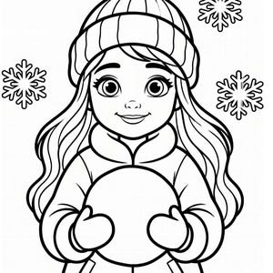May include: A black and white line art illustration of a child with long hair wearing a pom-pom beanie, a winter jacket, and mittens. The child is holding a large circular snowball, and three distinct snowflake shapes are positioned in the background.