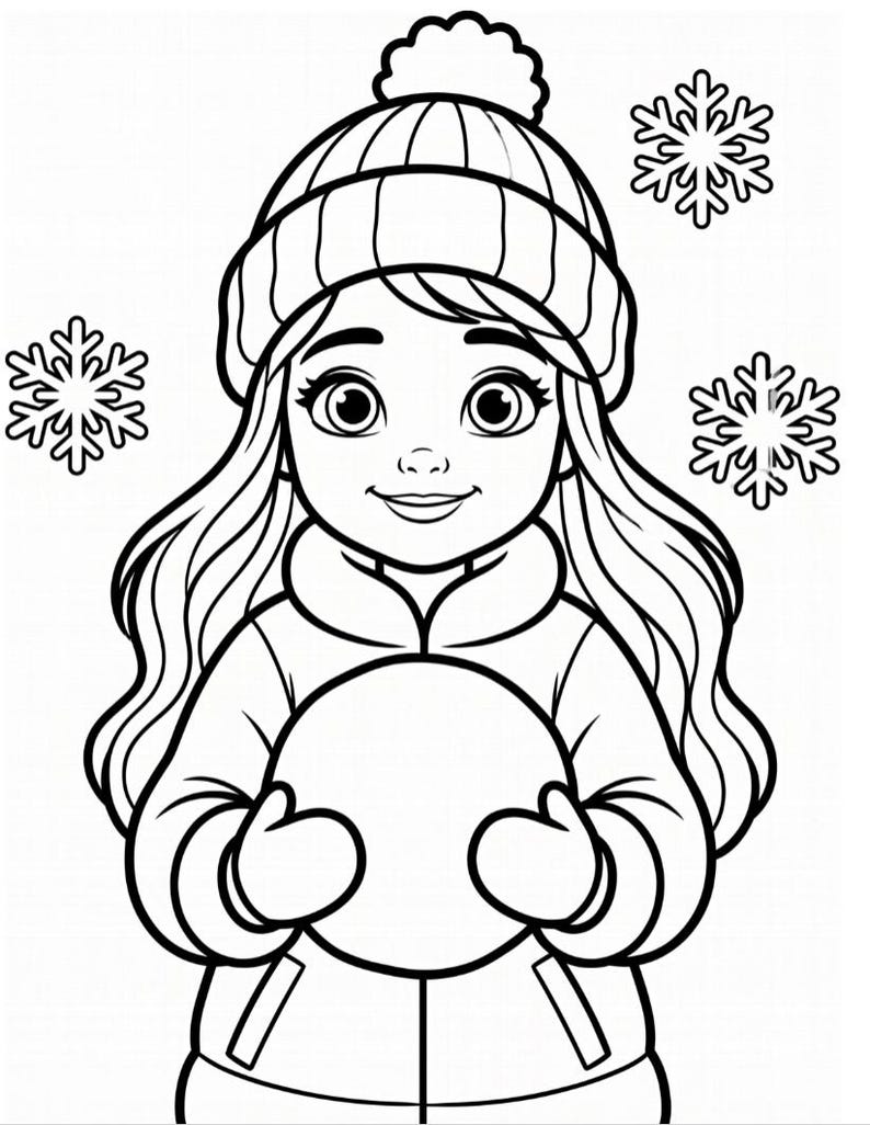 May include: A black and white line art illustration of a child with long hair wearing a pom-pom beanie, a winter jacket, and mittens. The child is holding a large circular snowball, and three distinct snowflake shapes are positioned in the background.
