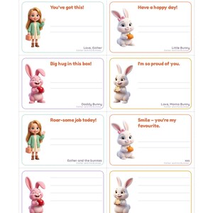 Puede incluir: Una hoja imprimible titulada Love Notes - sheet 6 of 6 que contiene ocho tarjetas rectangulares con bordes punteados. Cada tarjeta presenta ilustraciones de dibujos animados de una ni&ntilde;a o conejitos, mensajes impresos y l&iacute;neas en blanco.