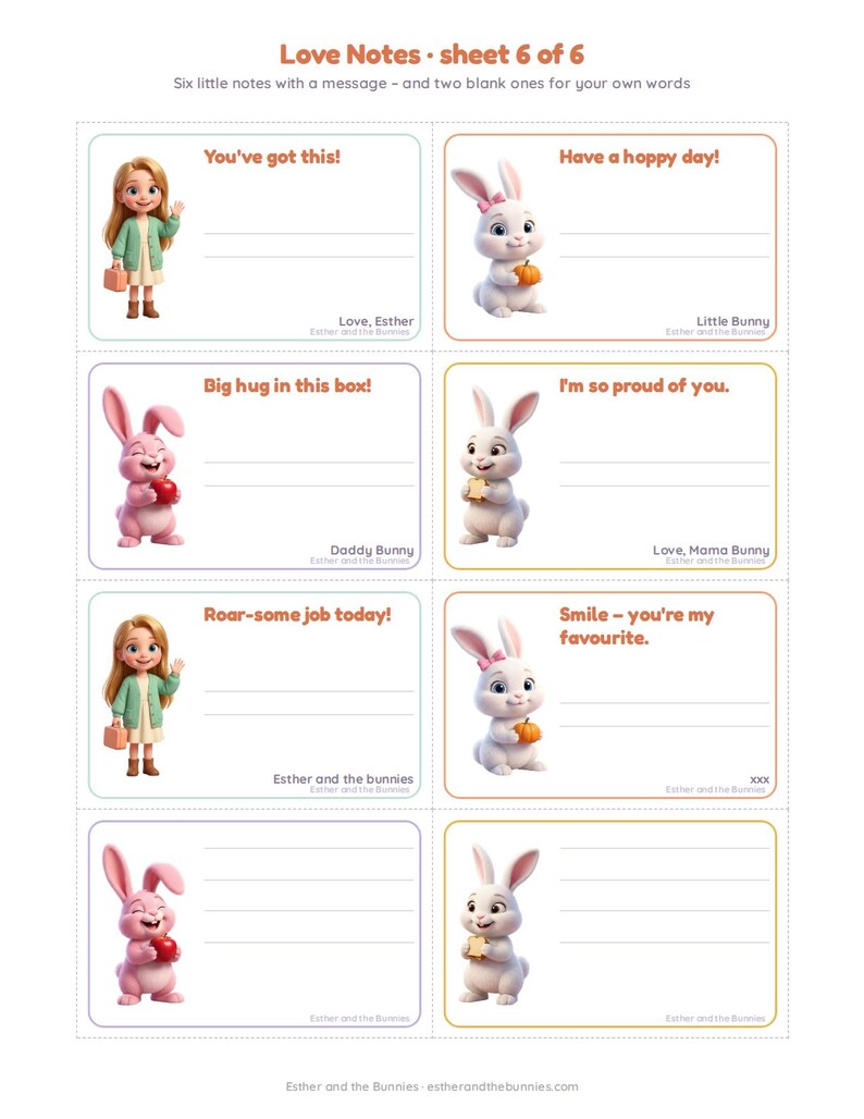 Puede incluir: Una hoja imprimible titulada Love Notes - sheet 6 of 6 que contiene ocho tarjetas rectangulares con bordes punteados. Cada tarjeta presenta ilustraciones de dibujos animados de una ni&ntilde;a o conejitos, mensajes impresos y l&iacute;neas en blanco.