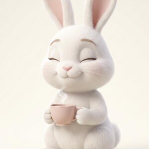 May include: A fluffy white rabbit with long ears and closed eyes, sitting upright and holding a small, light pink ceramic cup. The rabbit has a soft, textured appearance, a pink nose, and a gentle expression, with faint steam rising from the cup.