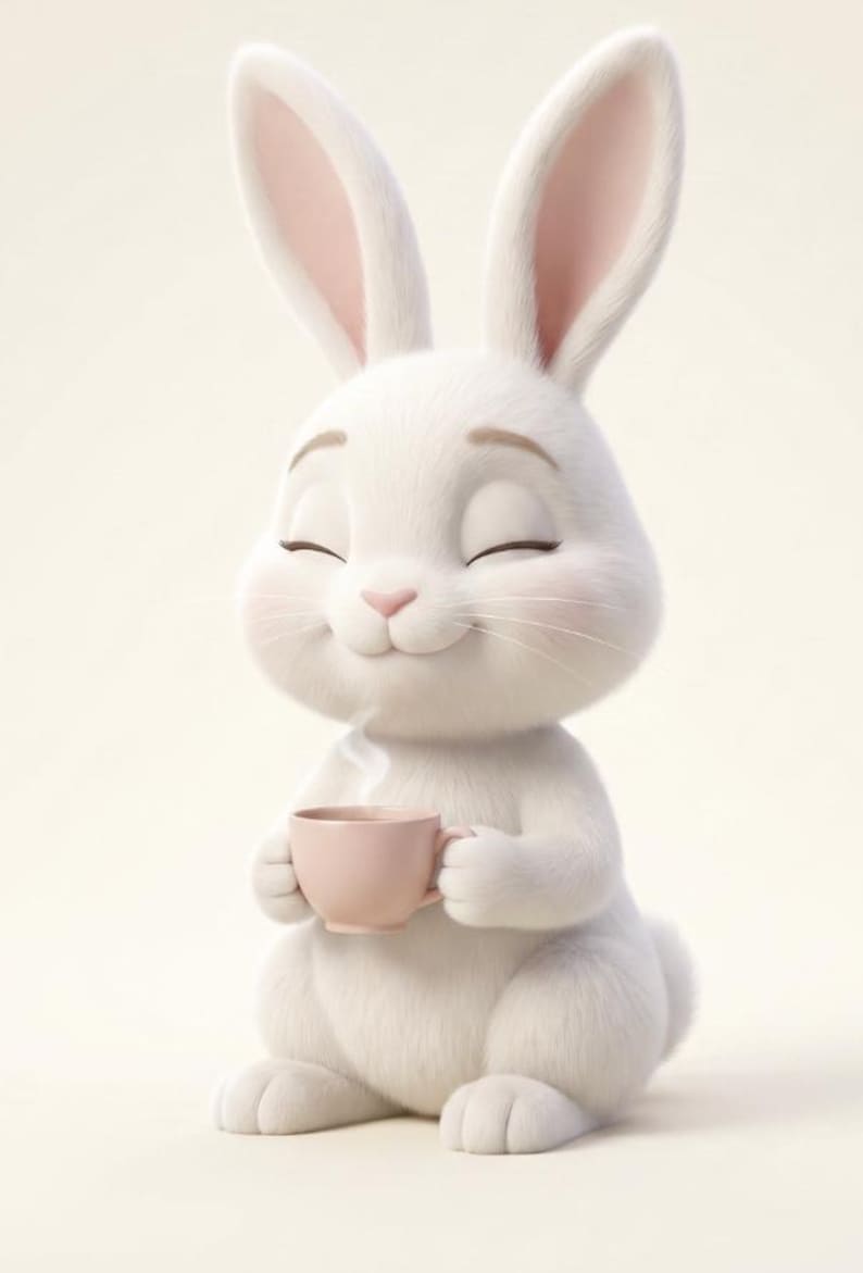 May include: A fluffy white rabbit with long ears and closed eyes, sitting upright and holding a small, light pink ceramic cup. The rabbit has a soft, textured appearance, a pink nose, and a gentle expression, with faint steam rising from the cup.