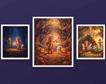 Halloween Wall Art for Kids Room, Not Scary Printable Prints Set of 3, Cute Pumpkin Lantern Bunny Nursery Decor, Digital Download