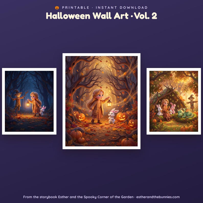 May include: Three rectangular digital prints titled Halloween Wall Art Vol. 2. The images feature a child with a lantern, a scarecrow, rabbits, and a dragon in an autumn forest setting with orange pumpkins, fallen leaves, and dark tree branches.