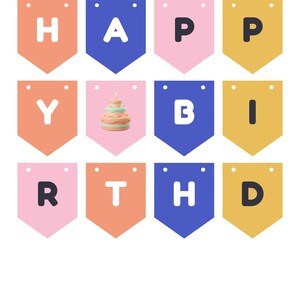 May include: A printable pennant banner sheet labeled Pennant Banner - sheet 1 of 2. It features twelve colorful flags in peach, blue, pink, and yellow, each with two punch holes. The flags display the letters H, A, P, P, Y, B, I, R, T, H, D and a cake.