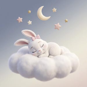 May include: A white rabbit with a small pink bow between its ears is sleeping peacefully on a fluffy white cloud. Above the rabbit, a pale yellow crescent moon and several small, light-colored stars are suspended in the air against a soft gradient.