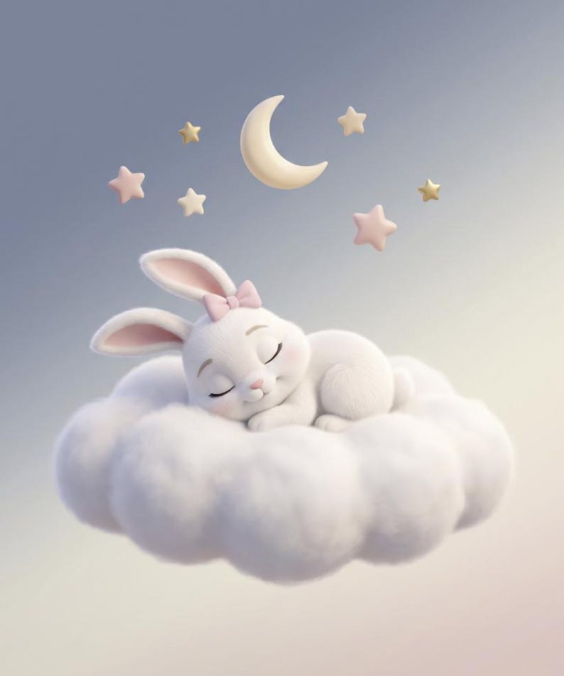 May include: A white rabbit with a small pink bow between its ears is sleeping peacefully on a fluffy white cloud. Above the rabbit, a pale yellow crescent moon and several small, light-colored stars are suspended in the air against a soft gradient.