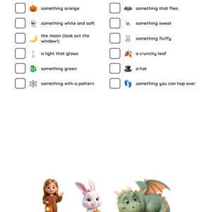 May include: A printable activity sheet titled Esther's Halloween Hunt with twelve checkboxes for items to find. Below the list are illustrations of a girl holding a lantern, a white rabbit holding a pumpkin, and a green dragon with orange wings.