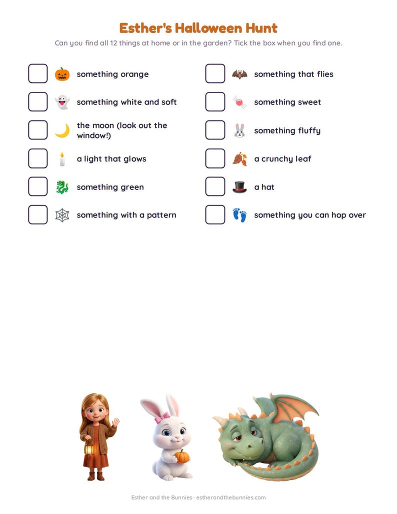 May include: A printable activity sheet titled Esther's Halloween Hunt with twelve checkboxes for items to find. Below the list are illustrations of a girl holding a lantern, a white rabbit holding a pumpkin, and a green dragon with orange wings.