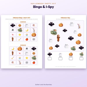 May include: A Halloween party kit featuring two printable sheets. The left sheet contains two Bingo grids with icons of bats, ghosts, pumpkins, and dragons. The right sheet is an I-Spy game with various Halloween characters and empty counting boxes.
