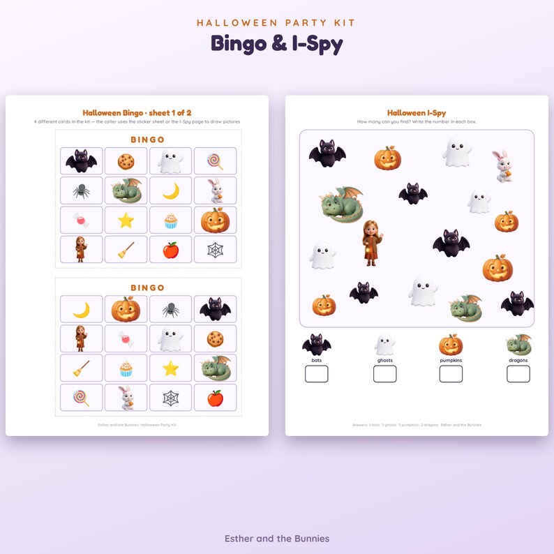 May include: A Halloween party kit featuring two printable sheets. The left sheet contains two Bingo grids with icons of bats, ghosts, pumpkins, and dragons. The right sheet is an I-Spy game with various Halloween characters and empty counting boxes.