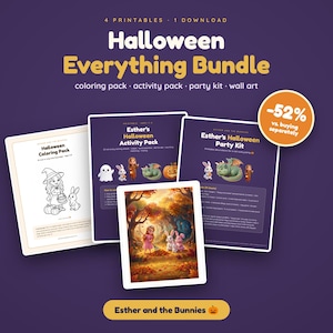 May include: A digital Halloween Everything Bundle featuring four printables including a coloring pack, activity pack, party kit, and wall art. The bundle includes Esther's Halloween Activity Pack, Esther's Halloween Party Kit, and a colorful wall art print.