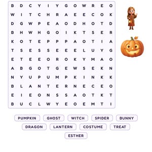 May include: A Halloween-themed word search puzzle featuring a grid of letters, a list of ten words to find, a cartoon girl holding a lantern, and a smiling jack-o'-lantern. The text includes 'Word Search - Tricky' and the website 'estherandthebunnies.com'.