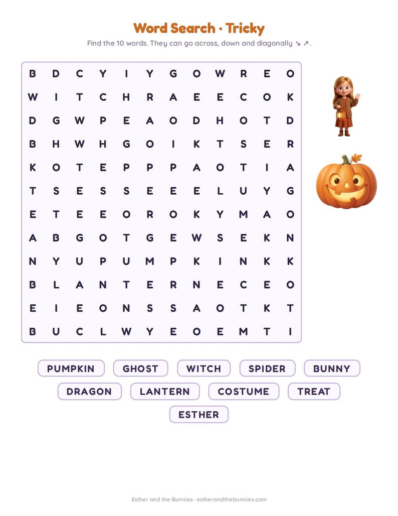 May include: A Halloween-themed word search puzzle featuring a grid of letters, a list of ten words to find, a cartoon girl holding a lantern, and a smiling jack-o'-lantern. The text includes 'Word Search - Tricky' and the website 'estherandthebunnies.com'.