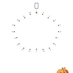 May include: A white activity sheet titled Dot-to-Dot Pumpkin with instructions to join dots from 1 to 20 and draw a face. The page features a circular arrangement of numbered black dots and a small illustration of an orange jack-o'-lantern.