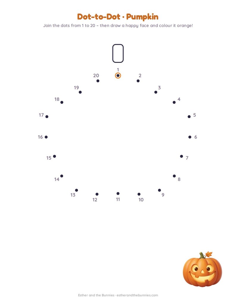 May include: A white activity sheet titled Dot-to-Dot Pumpkin with instructions to join dots from 1 to 20 and draw a face. The page features a circular arrangement of numbered black dots and a small illustration of an orange jack-o'-lantern.