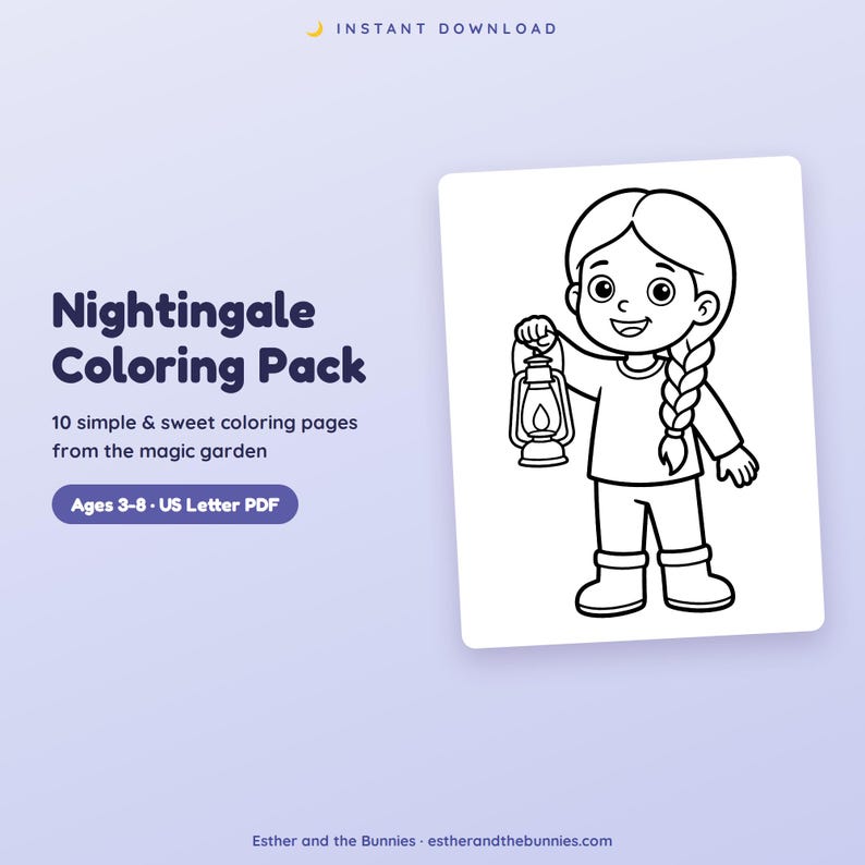 May include: A digital coloring pack titled Nightingale Coloring Pack featuring 10 pages for ages 3-8 in US Letter PDF format. The graphic shows a line art illustration of a child with a braided hairstyle holding a lantern, set against a light purple background.