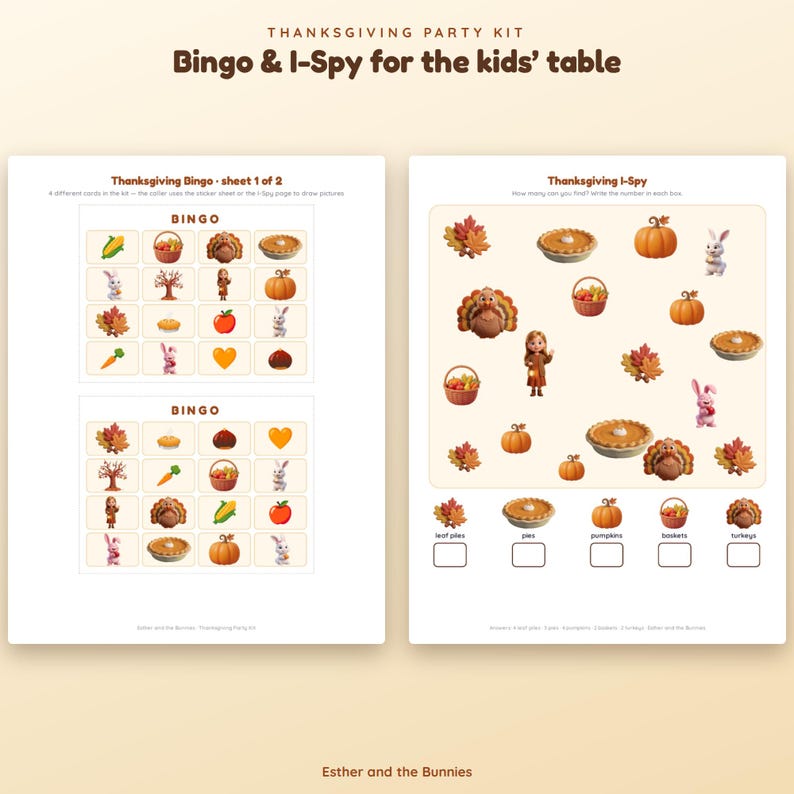 May include: A Thanksgiving party kit featuring two printable sheets with Bingo games and an I-Spy activity. The sheets include illustrations of turkeys, pumpkins, pies, baskets, and bunnies, with text labels for counting items and playing the games.