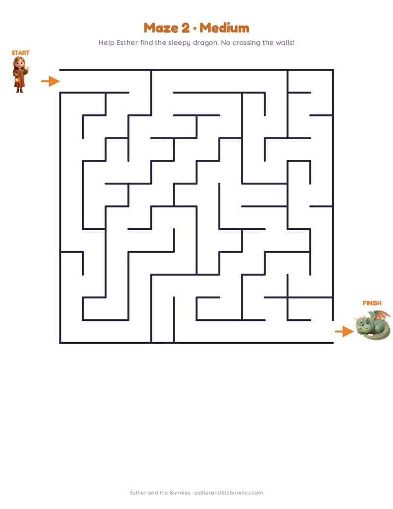 May include: A medium-difficulty maze puzzle titled Maze 2. The page features a cartoon character named Esther at the start and a sleepy green dragon at the finish. The text reads: Maze 2 - Medium, Help Esther find the sleepy dragon. No crossing the walls!