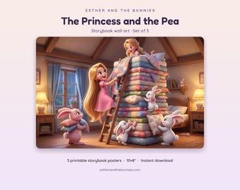 Princess Wall Art Nursery Set of 3, Princess and the Pea Fairy Tale Prints Girls Room Decor, Storybook Art Digital Download