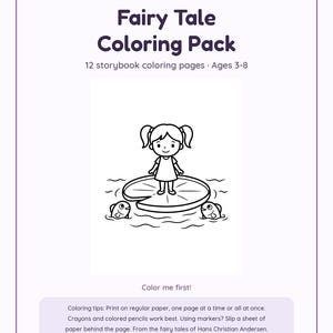 May include: A digital coloring pack titled Esther and the Bunnies Fairy Tale Coloring Pack with 12 storybook coloring pages for ages 3-8. The central illustration shows a child standing on a lily pad surrounded by two fish in water.