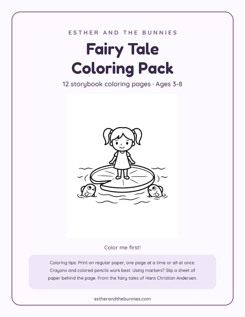 May include: A digital coloring pack titled Esther and the Bunnies Fairy Tale Coloring Pack with 12 storybook coloring pages for ages 3-8. The central illustration shows a child standing on a lily pad surrounded by two fish in water.