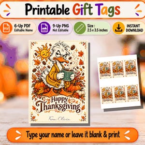Peut inclure: Étiquettes cadeaux imprimables illustrant un canard en pull jaune tenant une tasse de café, entouré de citrouilles, de feuilles d'automne et d'un soleil. Le texte indique Happy Thanksgiving et From: Olivia. Taille 6,35 x 8,89 cm.