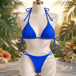 Geripptes Triangel-Bikini-Set, Bikini mit Bindebändern, Damen-Strandbadeanzug