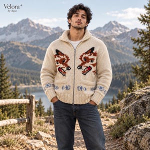 Strickcardigan mit Wolfsmotiv, grob gestrickter Pullover mit Reißverschluss und Tiergrafik
