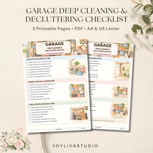 May include: A two-page printable garage deep cleaning and decluttering checklist in PDF format. The document features sections for organizing zones, cabinets, shelves, and tools, illustrated with small cartoon cat graphics.