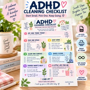 May include: A printed ADHD cleaning checklist on A4 paper, 210 x 297 mm, featuring sections for daily tasks, easy wins, and quick cleans. The document includes colorful illustrations of plants, a house, and a vacuum, with text prompts for organization.