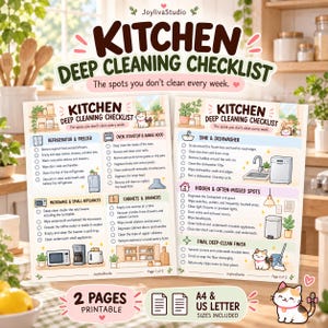 Puede incluir: Una lista de verificación de limpieza profunda de cocina imprimible de dos páginas con secciones para electrodomésticos, gabinetes y áreas ocultas. El documento incluye ilustraciones de un gato, artículos de cocina y texto con tareas.