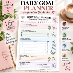 May include: A Daily Goal Planner printable page featuring sections for date, daily goals, top three priorities, a time-based task list, don't forget notes, and an end-of-day check-in. The layout includes soft pastel color blocks, leaf illustrations, and heart icons.