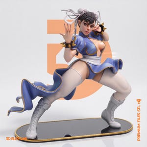 May include: A collectible figurine of a martial artist in a dynamic combat pose, wearing a blue qipao with gold trim, white stockings, and white lace-up boots. The character has dark hair in buns with white ribbons and wears spiked wrist cuffs.