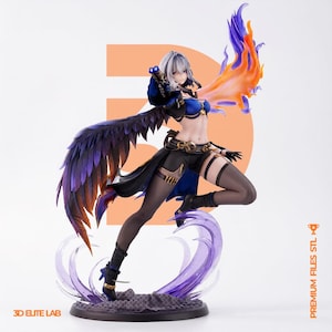 May include: A dynamic anime-style figurine of a silver-haired character with large dark wings, wearing a blue top and black shorts. The figure holds a firearm, is surrounded by purple energy effects, and features the text 3D ELITE LAB and PREMIUM FILES STL.
