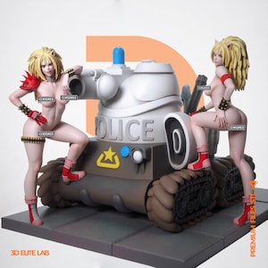 May include: A 3D digital model featuring a white police tank with a blue light on top and the word POLICE embossed on the side. Two identical blonde figures with cat-like ears stand on either side of the tank, wearing red and black accessories.